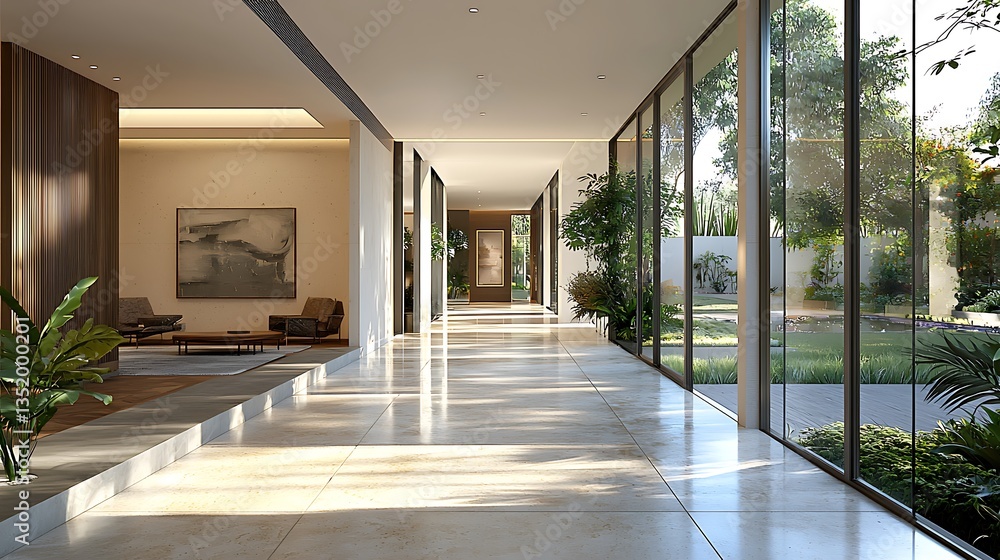 Fototapeta premium Modern Luxury Home Interior Sunlit Hallway with Garden Views and Abstract Art