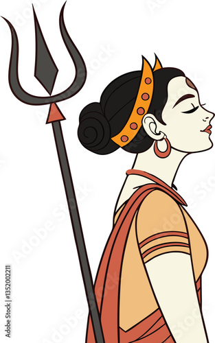 Illustration of Parvati, the Hindu goddess, holding a trident.