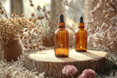 Wallpaper Mural Amber Glass Dropper Bottles with Pipette on Wooden Slice Rustic Still Life Natural Packaging Scene Beauty Products Torontodigital.ca