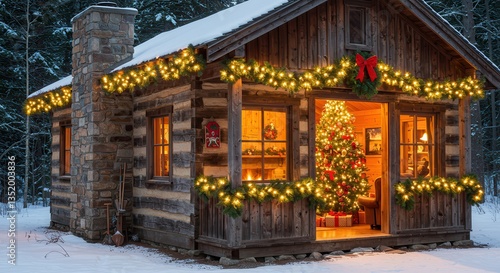 Festive Log Cabin with Christmas Tree in Snowy Winter Forest