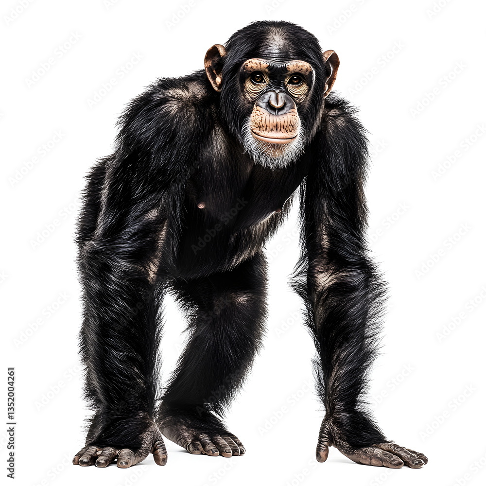 Fototapeta premium A sturdy, well-muscled chimpanzee with a dark brown-black coat and broad face stands in a realistic side-view portrait, full body on a white background, with dark expressive eyes and a calm, intellige
