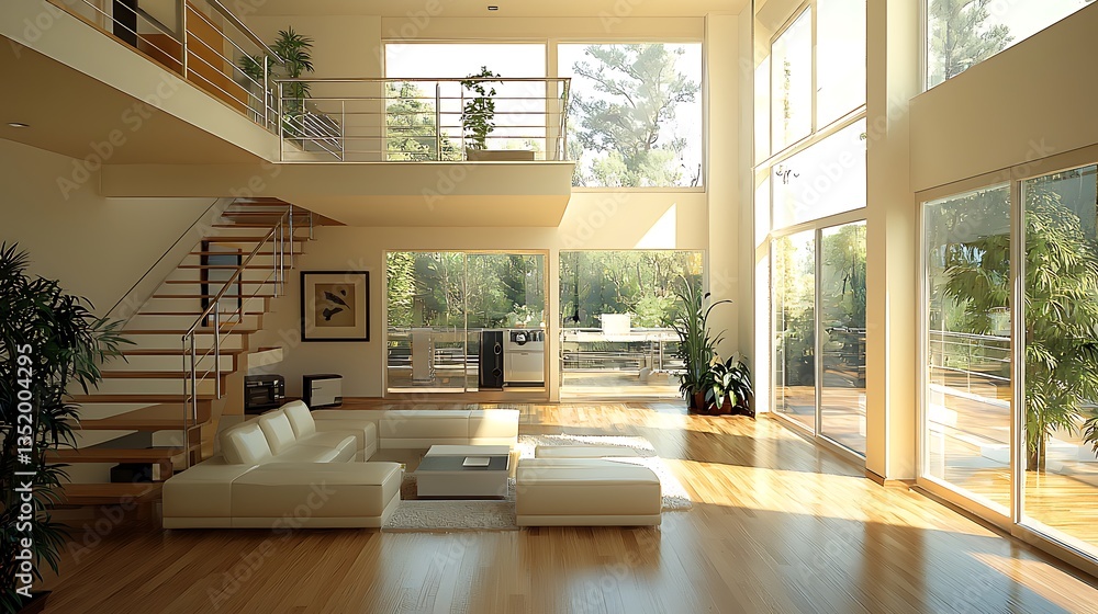 Fototapeta premium Modern Open Plan Living Room Design with Large Windows and Hardwood Floors