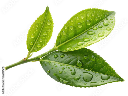 Fresh green tea leaf with drops of water, isolated on transparent background. Beautiful green leaves isolated on white. Drops of dew in the morning glow in the sun. Beautiful leaf texture in nature