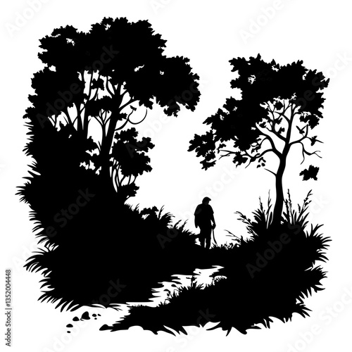 Silhouette of Lone Hiker Walking Pathway in Lush Forest Vector Illustration