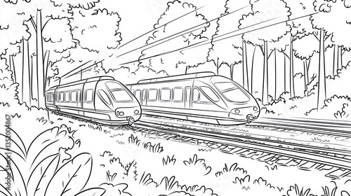 High-speed trains passing through a forest.  Illustration for transportation, travel, or nature publications
