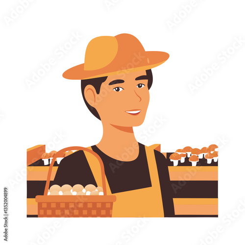 Farmer Holding Basket of Fresh Mushrooms in Countryside Vector Illustration