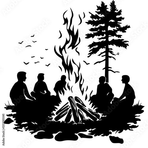 Campfire Gathering Silhouette Illustration for Outdoor Adventure and Relaxation