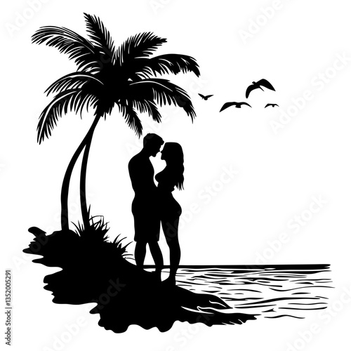 Romantic Beach Silhouette Couple Embrace Under Palm Tree Vector Art