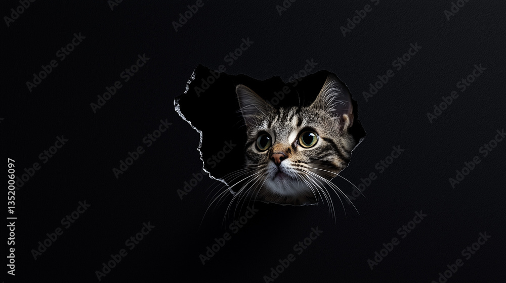 Cat Looking Out of a Torn Hole on a Black Background. Banner with Space for Text. Cat Looking Out of a Torn Hole on a Black Background. Banner with Space for Text.