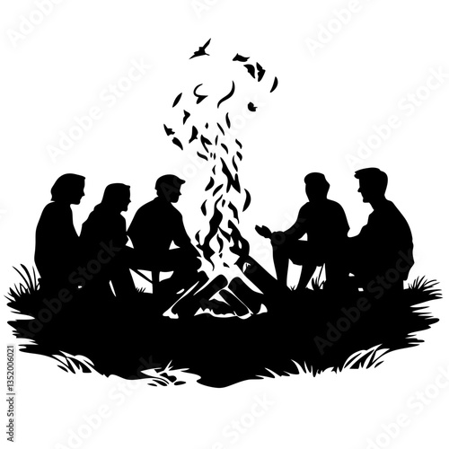 Campfire Gathering Silhouette with Friends in Nature for Outdoor Adventure and Storytelling