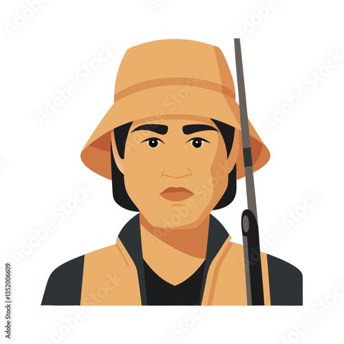 Vector Illustration of Serious Male Fisherman with Orange Hat and Fishing Rod