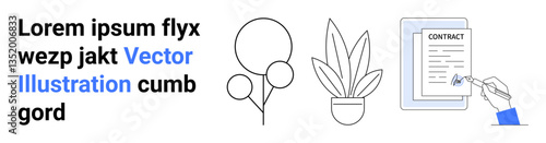 Hand signing a contract, minimalist potted plants, smooth lines. Ideal for legal services, business, documentation, organization, nature, professionalism flat landing page banner