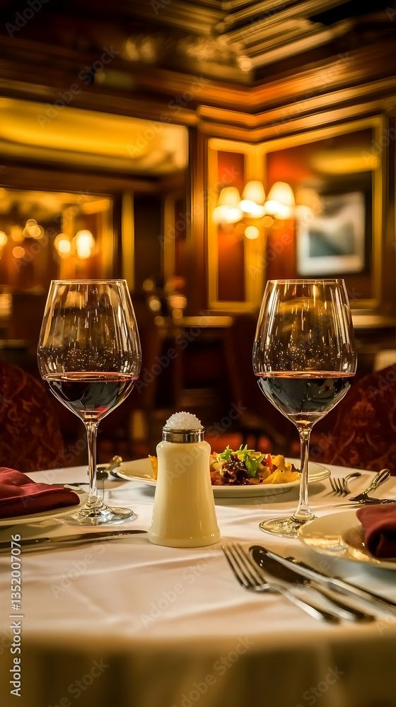 Romantic dinner, red wine, elegant restaurant, warm lighting, fine dining