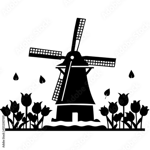 Traditional Windmill with Tulips Silhouette Vector for Art and Design