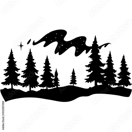 Silhouette Pine Trees with Northern Lights Vector for Nature Art and Decor