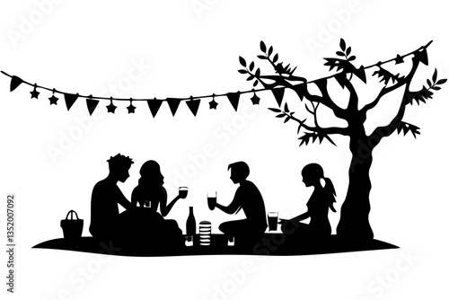 Silhouette Group Outdoor Picnic Celebration Under Festive String Lights