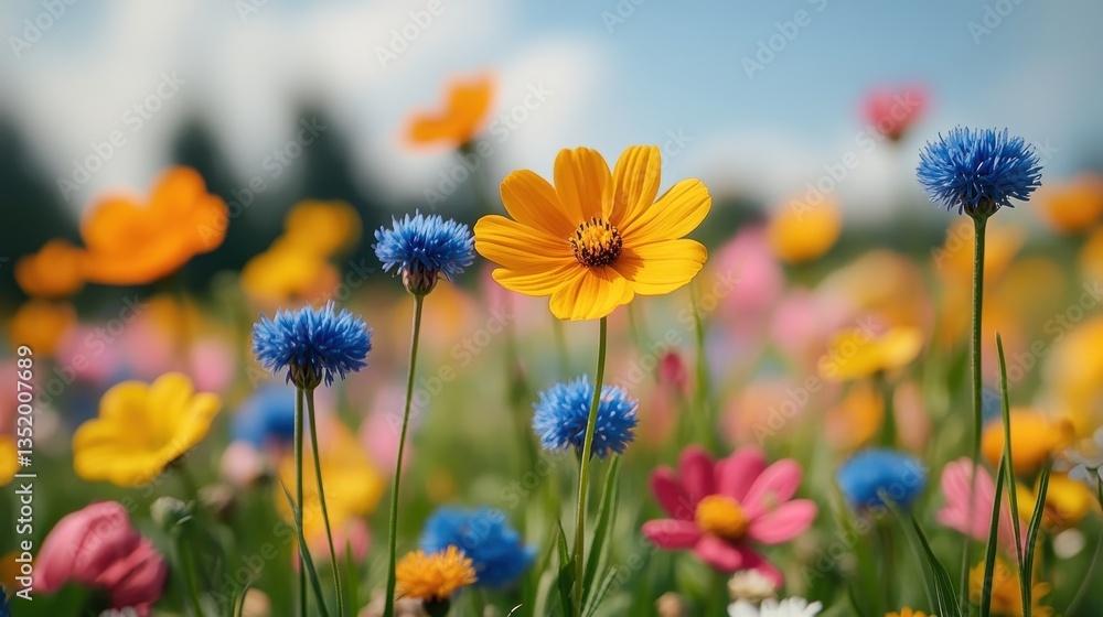 A vibrant field filled with colorful blooming wildflowers in sunlight A vibrant field filled with colorful blooming wildflowers in sunlight