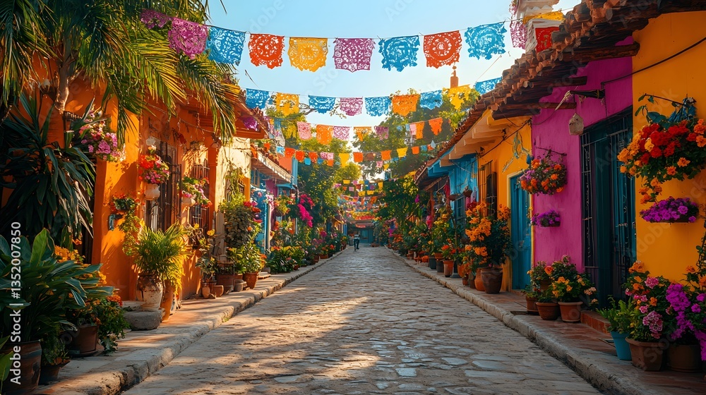 Fototapeta premium Traditional Latin American street with hanging flags bright colors cultural celebration art