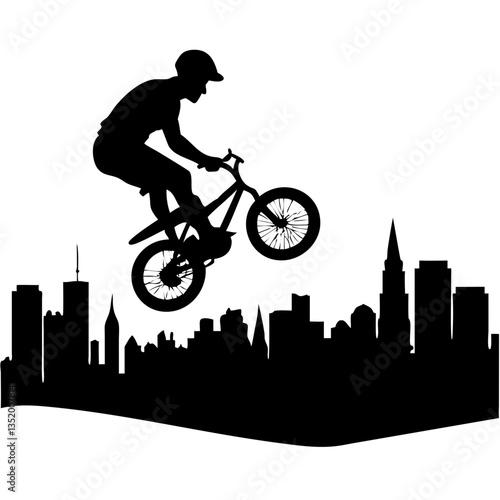 BMX Rider Performing Stunt Over City Skyline Silhouette Vector Art