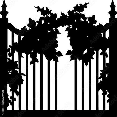 Elegant Garden Gate Silhouette with Climbing Vines for Design and Decorative Projects