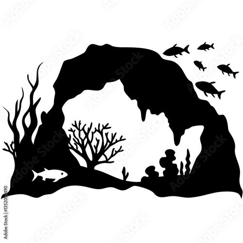 Underwater Ocean Cave Silhouette with Fish and Coral for Creative Design