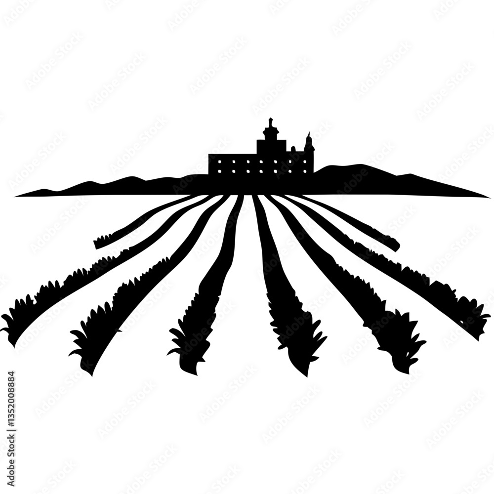 Obraz premium Silhouette of Lavender Field with Rustic Farmhouse and Mountain Landscape