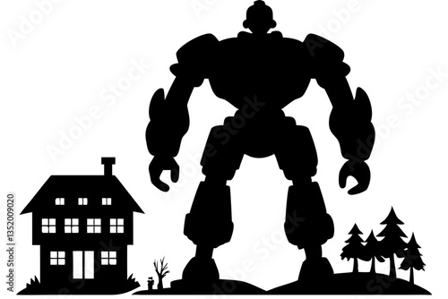 Giant Robot Silhouette Over Residential House and Trees for Illustration Design