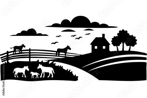 Silhouette Countryside Landscape with Donkeys and Rural Cottage Scene Vector