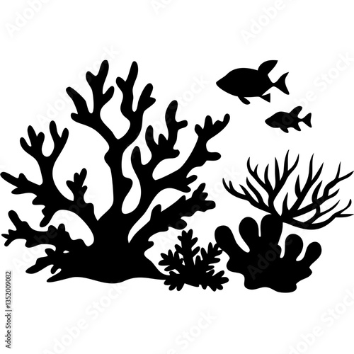 Underwater Coral Reef Silhouette with Fish Vector for Art and Design