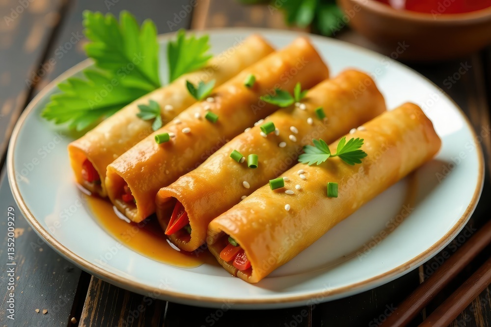 Crispy spring rolls, vibrant vegetables, sesame seeds, brown, sesame seeds Crispy spring rolls, vibrant vegetables, sesame seeds, brown, sesame seeds