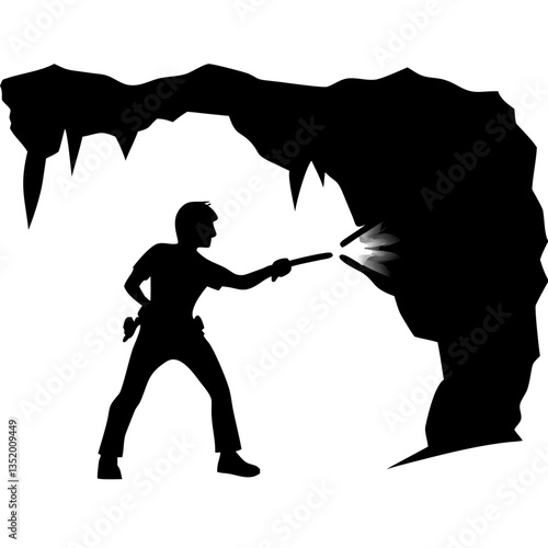 Exploration Silhouette Adventurer in Cave with Torch Vector Illustration