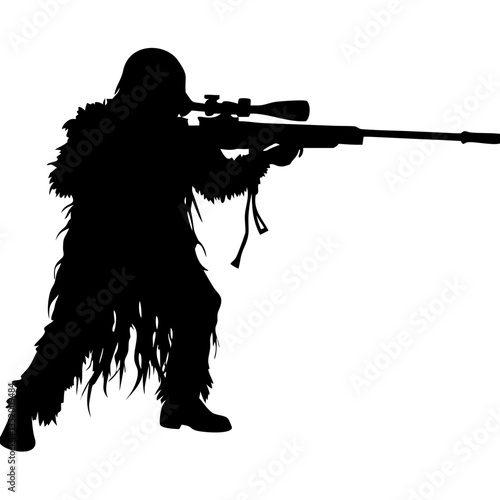 Sniper Silhouette with Ghillie Suit Holding Rifle Vector Illustration for Tactical Design