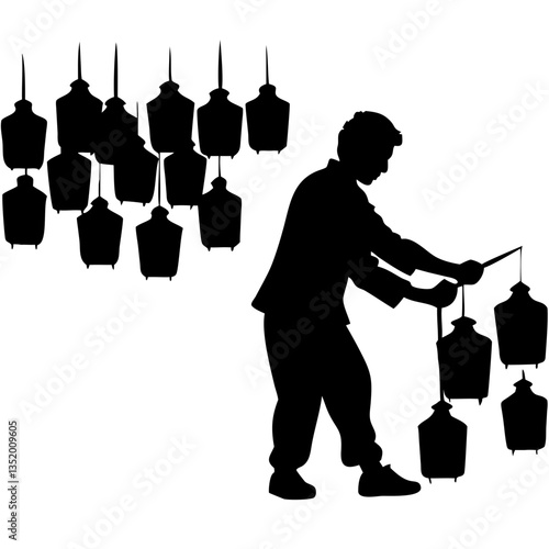 Silhouette of Man Arranging Chinese Lanterns for Traditional Festival Celebration