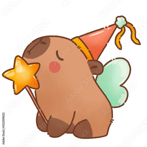 cute cartoon capybara wearing party hat and holding star wand, with small wings on its back, exudes whimsical charm