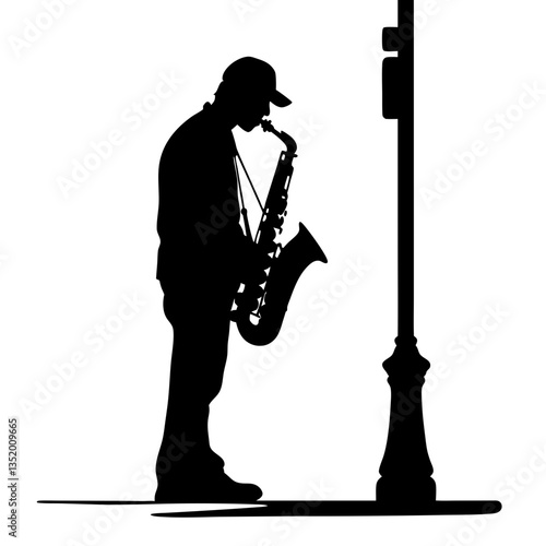 Silhouette Street Musician Playing Saxophone at Lamp Post for Urban Art Designs