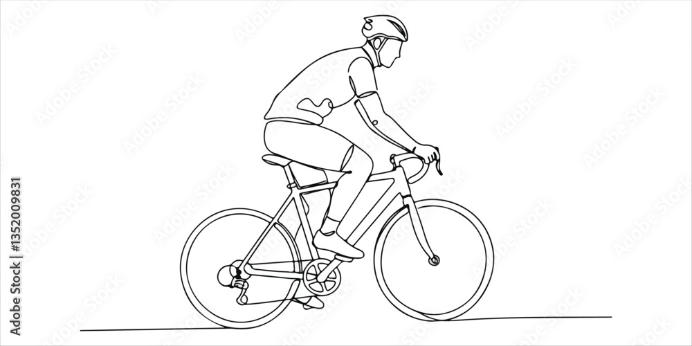Fototapeta premium Biking Through Rice Terraces Group of tourists cycling through lush green rice terraces in a rural village, single one line art hand drawing sketch white background