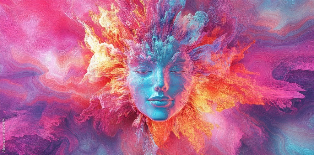 A serene face emerging from vibrant clouds of color A serene face emerging from vibrant clouds of color