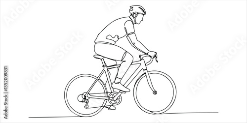 Biking Through Rice Terraces Group of tourists cycling through lush green rice terraces in a rural village, single one line art hand drawing sketch white background