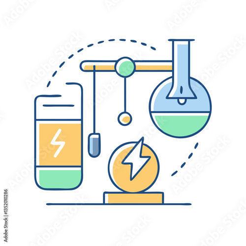 Physics experiment icon with flasks and charts, symbol of science and research