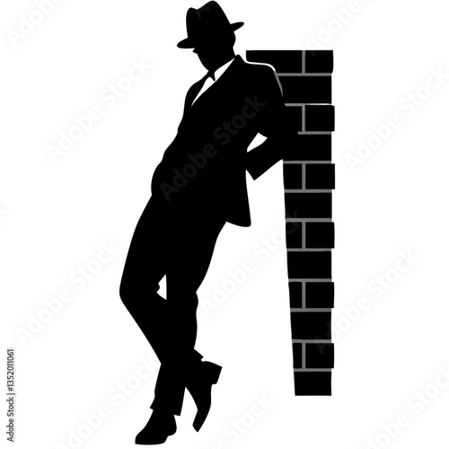 Mysterious Man Silhouette Leaning Against Brick Wall in Fedora