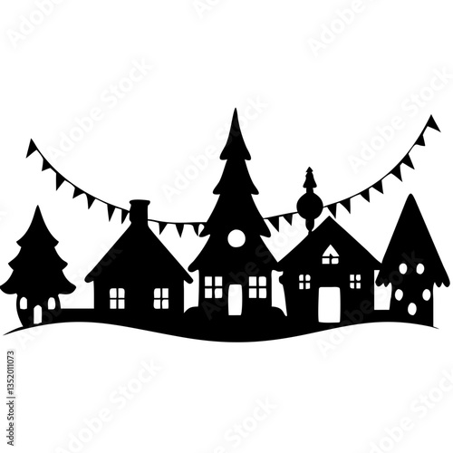 Christmas Village Silhouette Vector with Festive Trees and Bunting