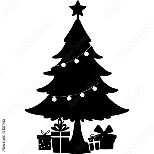 Christmas Tree Silhouette with Star and Gifts for Holiday Decoration