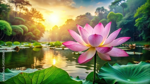 A majestic lotus flower unfolding its petals slowly in a serene lake surrounded by lush greenery and vibrant tropical flowers , serenity, foliage