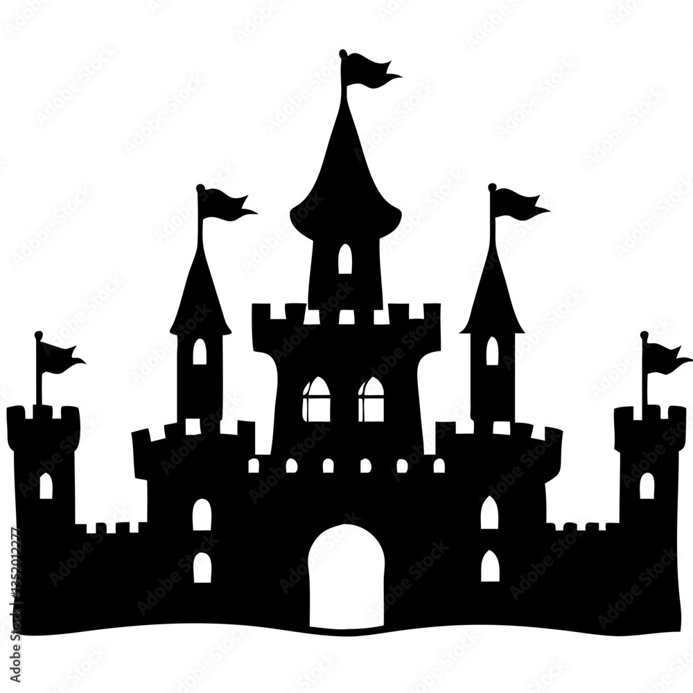 Majestic Castle Silhouette with Towers and Flags for Fairytale Illustrations Majestic Castle Silhouette with Towers and Flags for Fairytale Illustrations