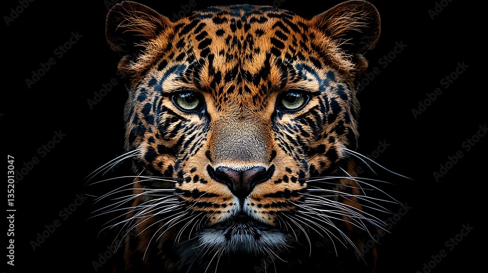 Fototapeta premium Close-up portrait of a majestic leopard against a black background.