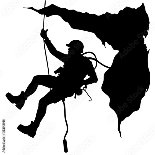 Rock Climber Silhouette Rappelling Down Mountain Vector Illustration for Adventure Art