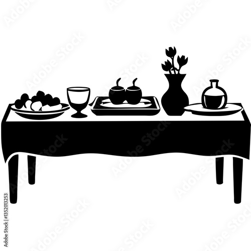 Elegant Dining Table Vector Art with Fruit and Floral Vase Silhouette