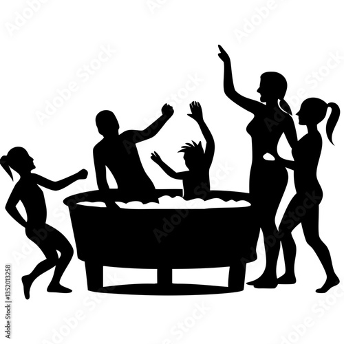Family Gathering Silhouette Fun in Hot Tub Vector for Brochure or Coloring Book