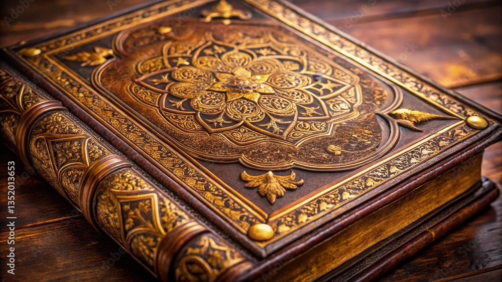 Old leather-bound book with gold accents and intricate illustrations on top view, old book Old leather-bound book with gold accents and intricate illustrations on top view, old book