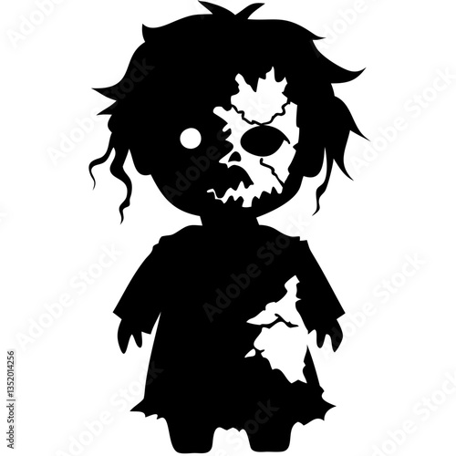 Creepy Doll Silhouette with Cracked Skull Halloween Illustration Vector